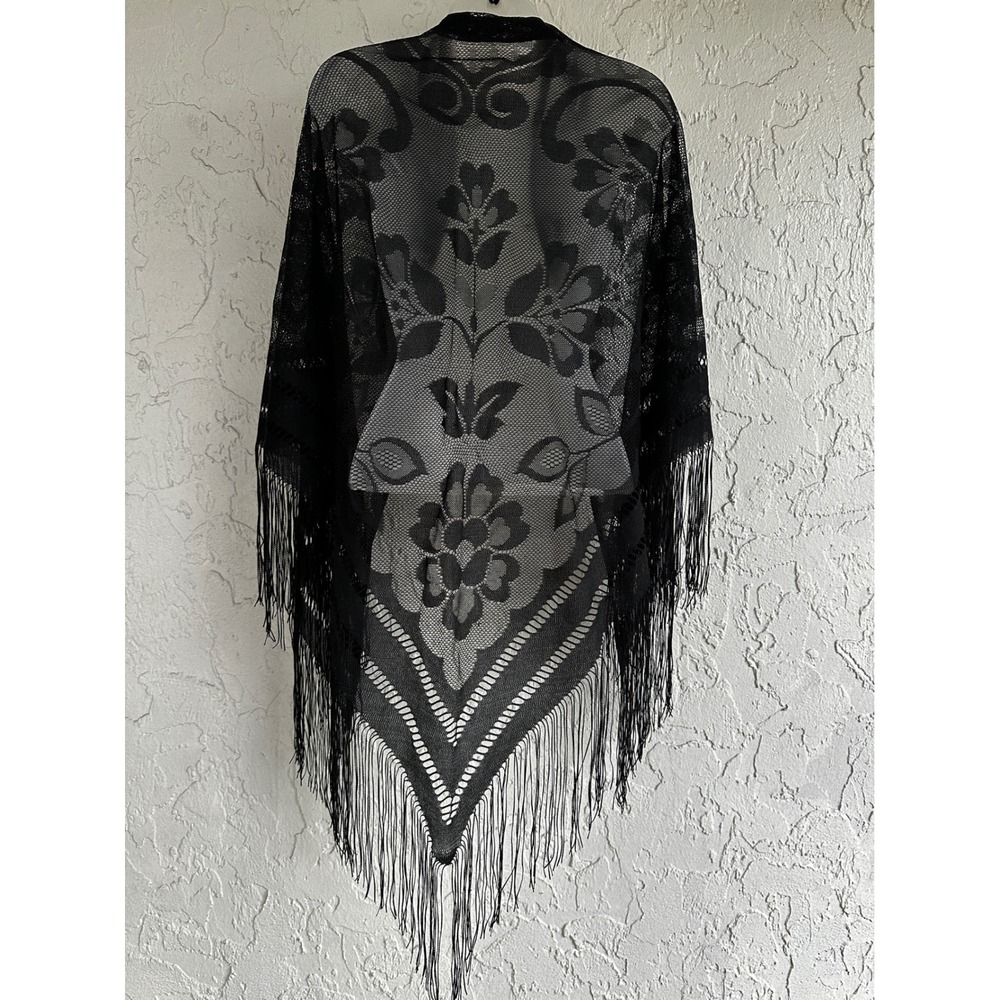 Vtg Sheer Black Floral Lace Fringe Triangle Shawl Wrap Japan Witchy Goth Boho